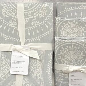 Pottery Barn DOT MEDALLION REVERSIBLE Duvet King & 3 Euro Shams Sea Glass NWT 🎁